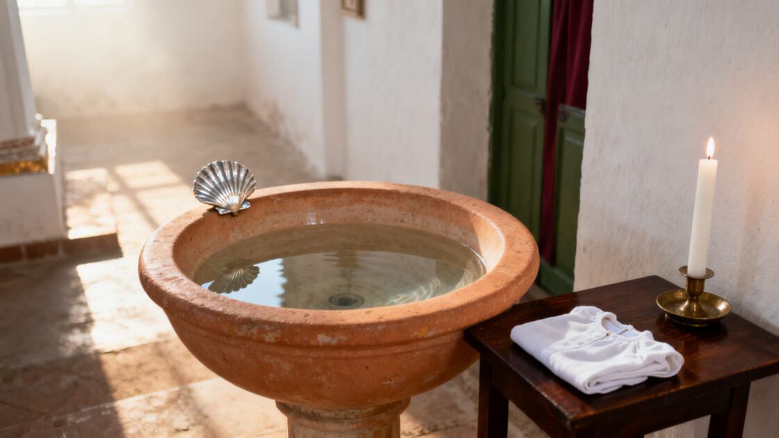 Pila bautismal de piedra con agua limpia, una concha de plata, una vestidura blanca doblada y una vela encendida