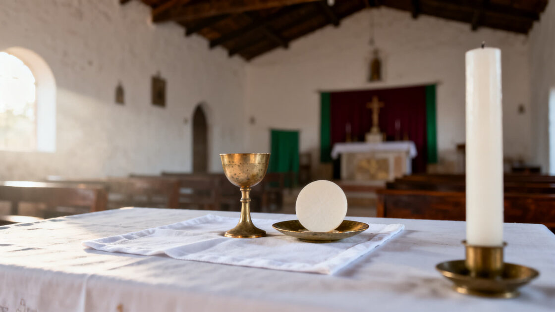 Cáliz dorado y hostia sobre el corporal de lino blanco en el altar de una iglesia de pueblo, junto a una vela blanca, por la mañana