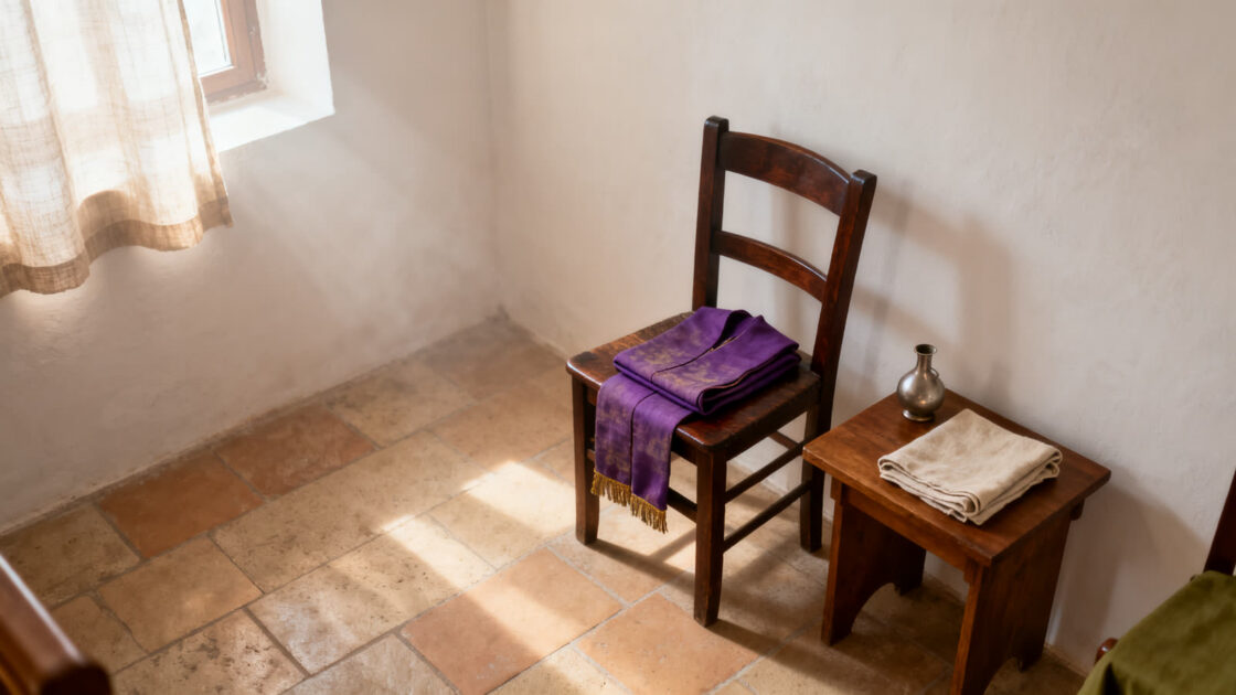 Estola morada doblada sobre una silla de madera y, al lado, un vaso de óleo y un paño de lino, en una sala parroquial por la mañana