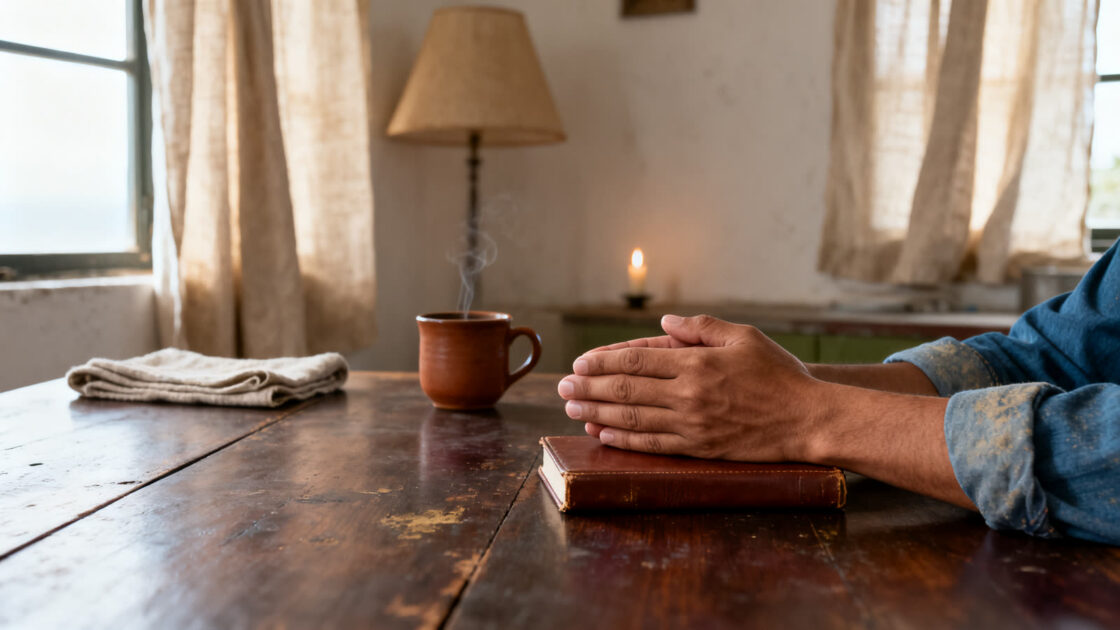 Manos juntas en oración sobre un libro cerrado en la mesa de la cocina, por la mañana