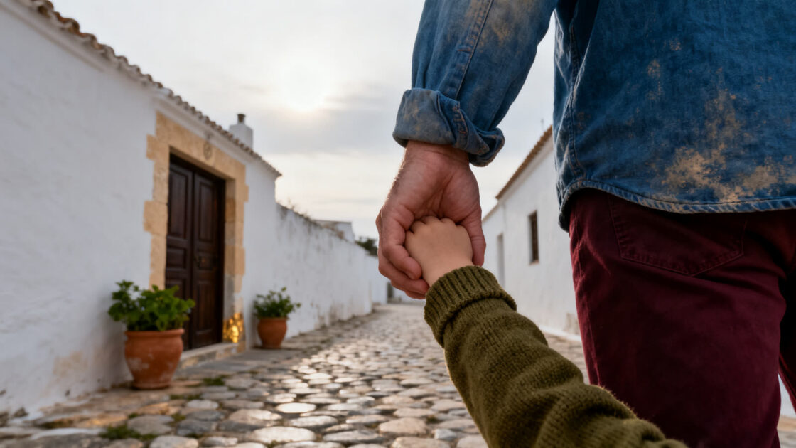 La mano de un adulto sostiene la mano pequeña de un niño en una calle de pueblo, por la mañana