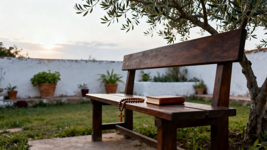 Un banco de madera vacío bajo un olivo en el patio de una casa, con un rosario de madera y un libro cerrado, por la mañana