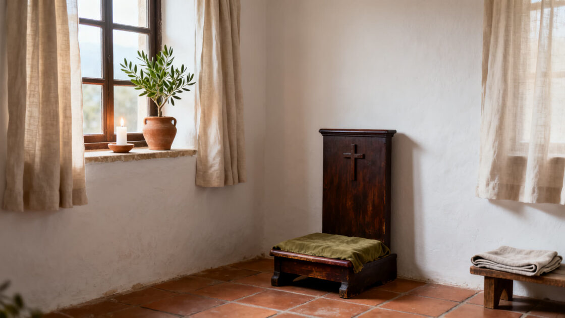 Un reclinatorio de madera junto a una ventana con cortina de lino, con una vela encendida y una planta en el alféizar, por la mañana