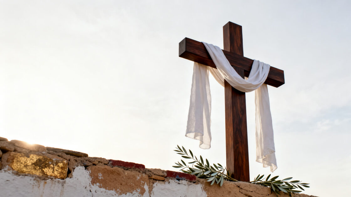 Una cruz de madera lisa con un paño blanco de Pascua y ramas de olivo, sobre un muro de piedra, contra el cielo de la mañana
