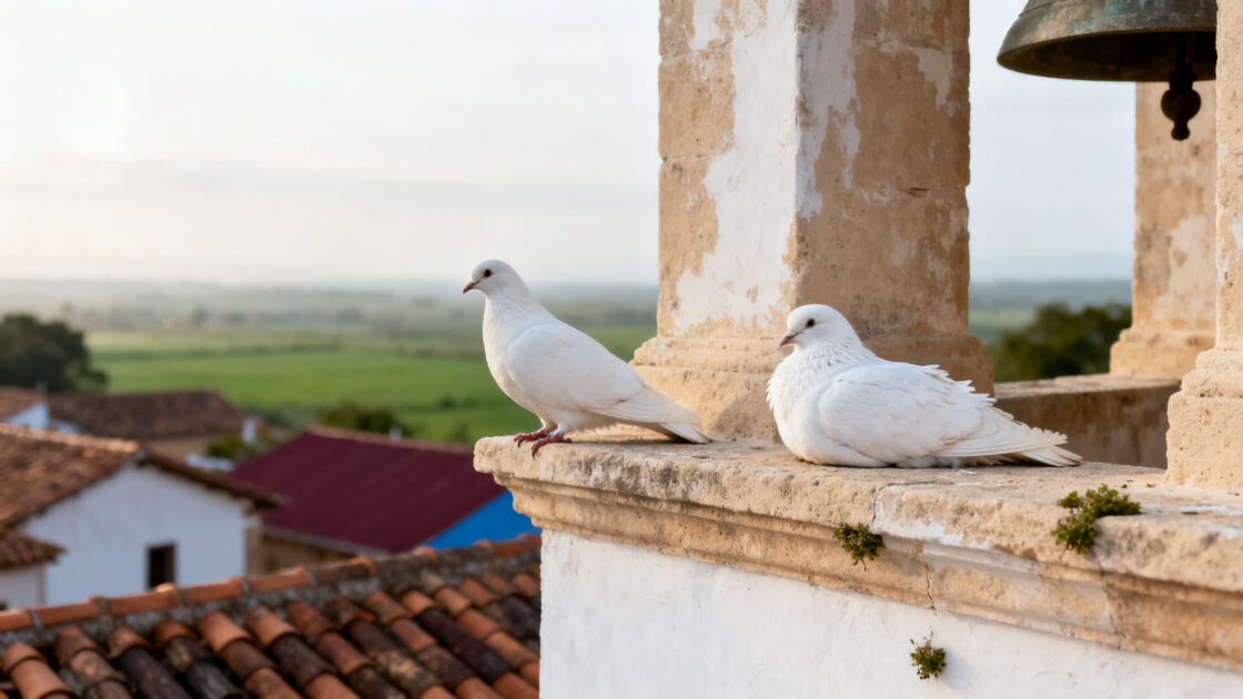 Dos palomas blancas posadas en una cornisa de piedra del campanario de una iglesia de pueblo, con el pueblo y los campos al fondo