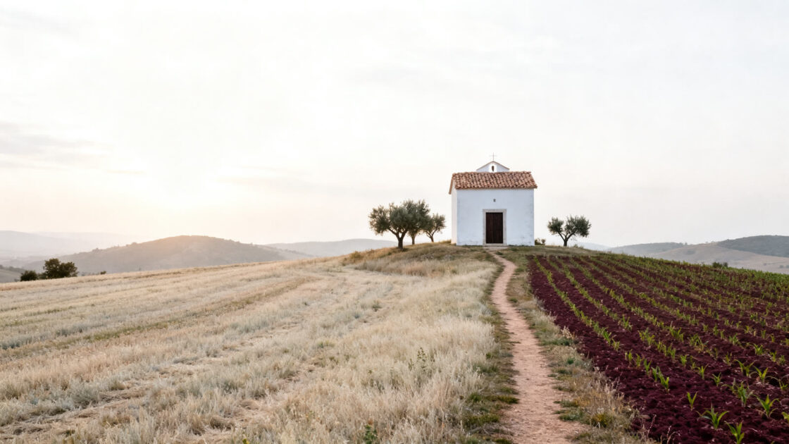 Una capilla blanca pequeña en lo alto de un cerro, entre campos, por la mañana