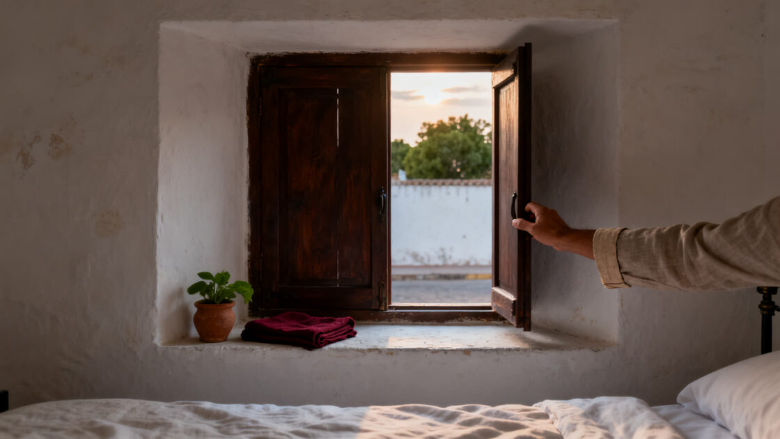 Una mano abre los postigos de madera de una ventana a la luz de la mañana