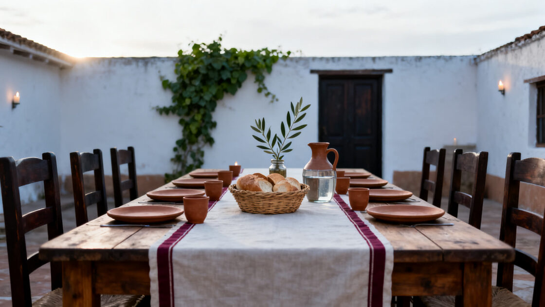 Mesa larga puesta en el patio de una casa de pueblo para el almuerzo del domingo, con pan, jarra de agua y platos de barro