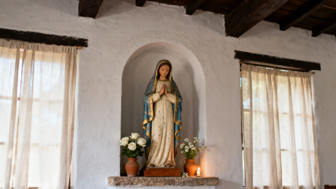 Imagen antigua de madera de la Virgen María en el nicho de una capilla de pueblo, con rosas blancas a sus pies