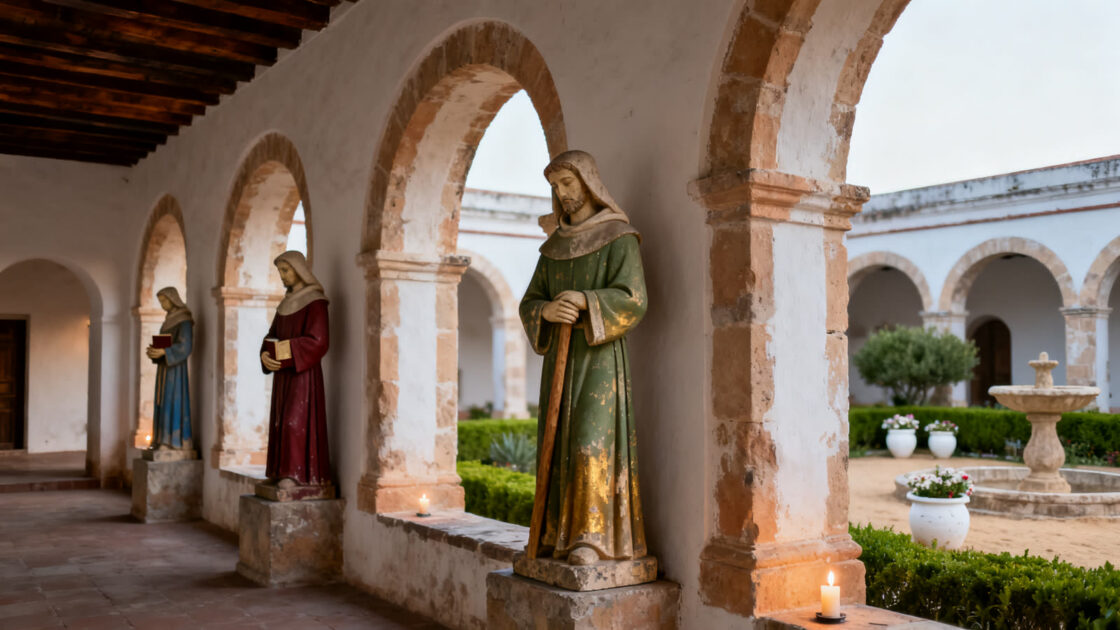 Galería de un claustro antiguo con imágenes de santos de piedra pintada sobre pedestales entre los arcos, y un jardín con fuente al fondo
