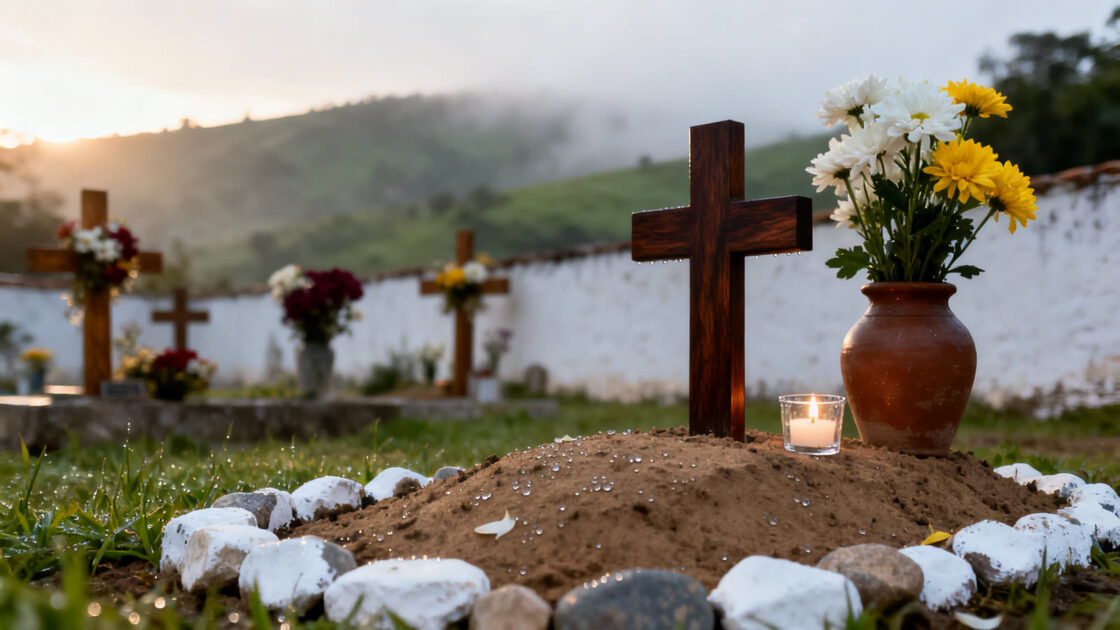 Una cruz de madera sencilla con flores blancas y amarillas y una vela encendida en un pequeño cementerio de pueblo por la mañana