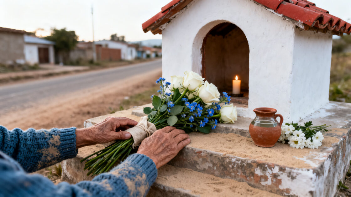 Manos de una mujer mayor dejando rosas blancas y flores azules en el escalón de una capillita a la salida del pueblo