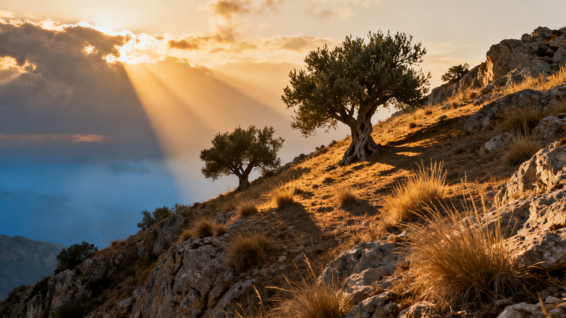 Una cresta rocosa del Mediterráneo con olivos viejos al amanecer, con rayos de luz dorada entre las nubes