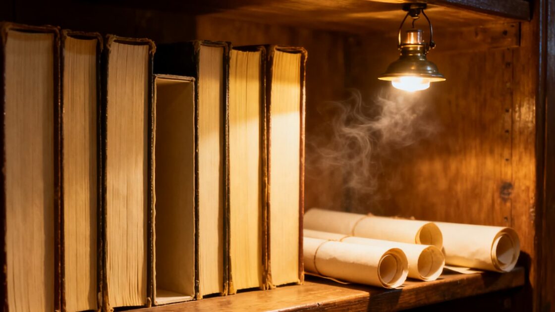 Un estante de madera de un archivo antiguo, con libros de cuero y un hueco entre dos de ellos, a la luz de una lámpara de aceite