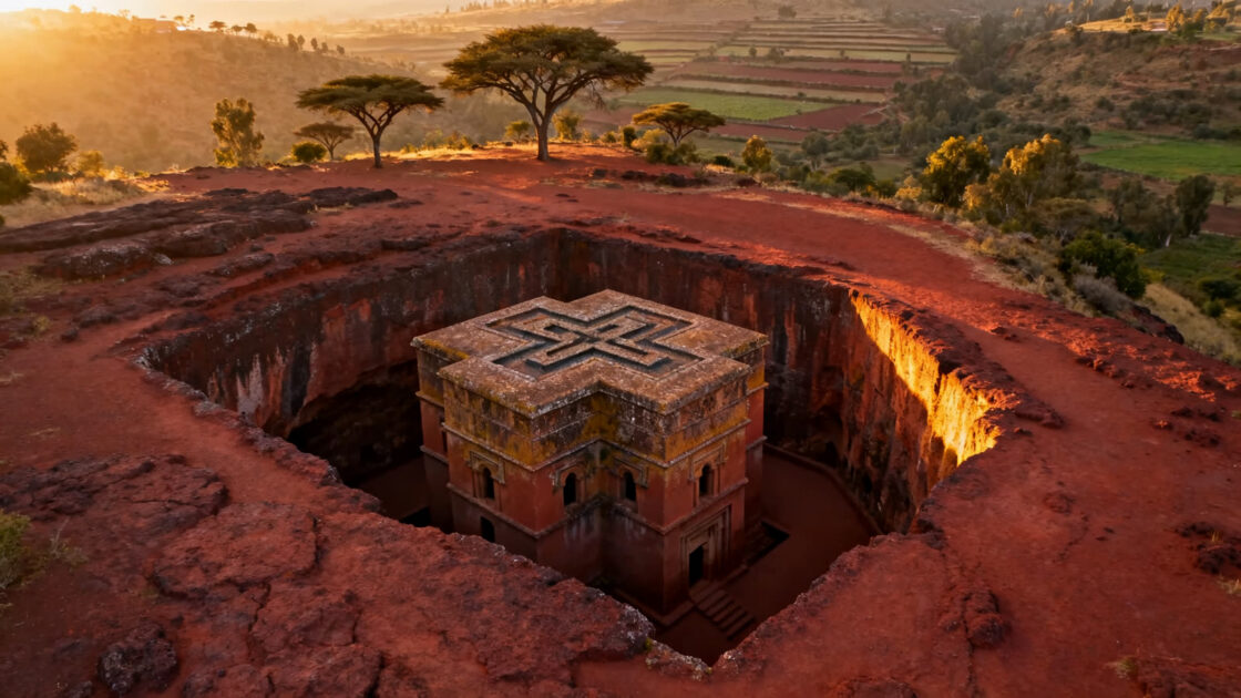 Una iglesia excavada en la roca de una colina rojiza de las tierras altas de Etiopía, vista desde el aire al amanecer