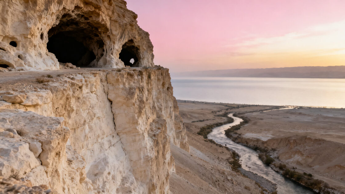 Acantilados de piedra caliza del desierto de Judea con cuevas en la roca, y el Mar Muerto a lo lejos al amanecer