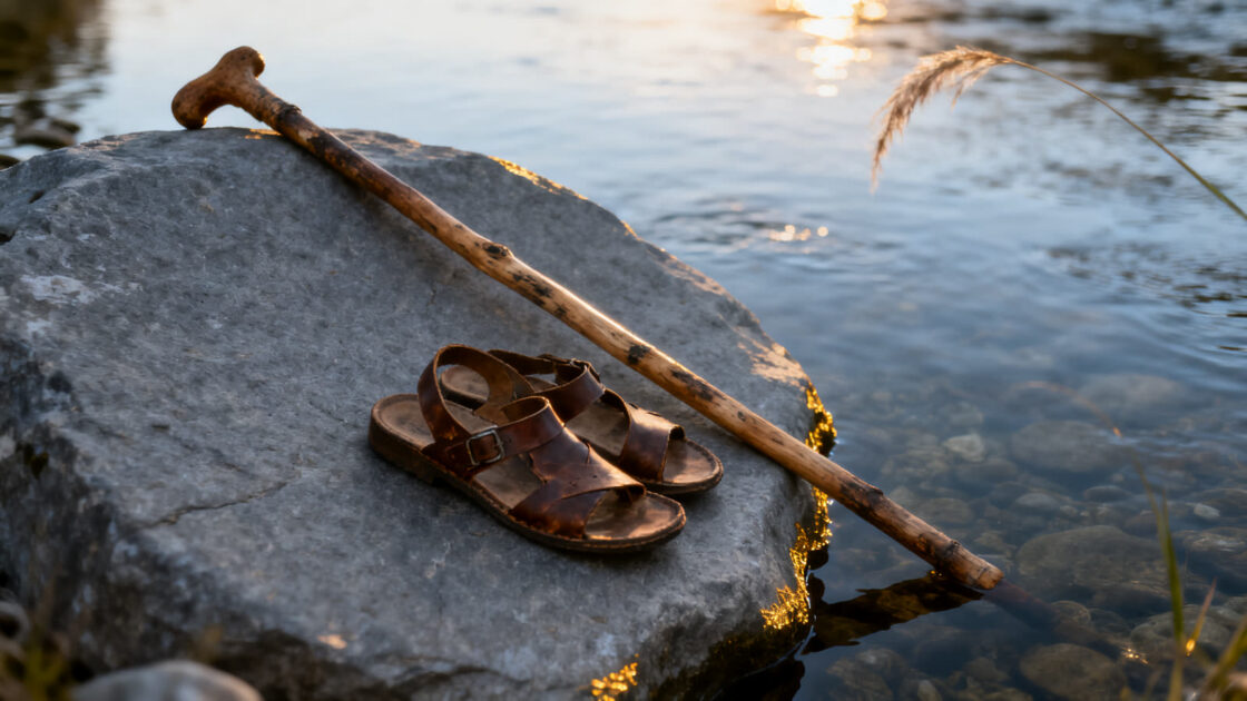 Un bastón de caminante, unas sandalias de cuero y una bolsita sobre una piedra plana junto a un río claro al amanecer