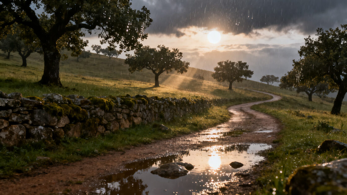 Un camino de tierra mojado entre encinas y un muro de piedra, con el sol asomando entre las nubes después de la lluvia