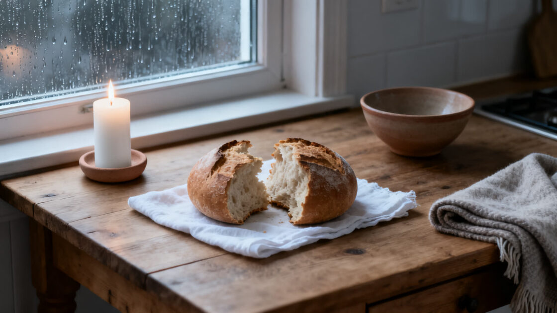 Pan partido sobre un mantel blanco, una vela encendida y una cobija doblada en una mesa de madera junto a una ventana con lluvia