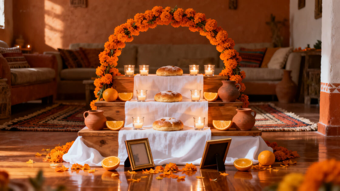 Un altar de muertos de tres niveles con arco de flores de cempasúchil, veladoras, pan de muerto, naranjas y jarras de barro
