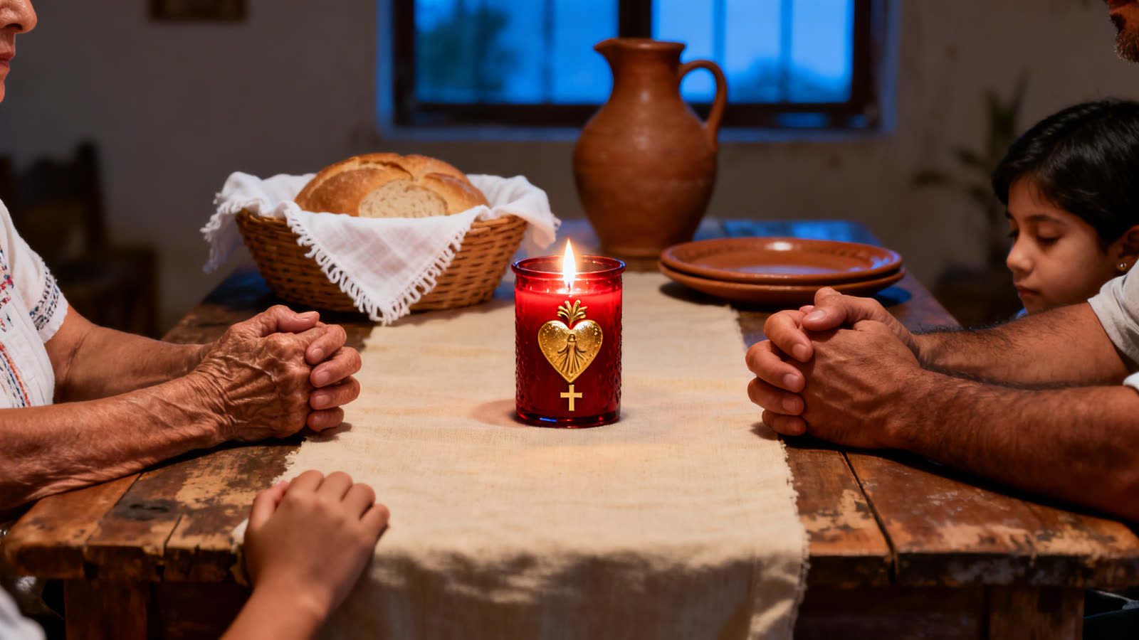 Una abuela, un padre y un niño rezan con las manos juntas alrededor de la mesa de la cena, junto a una veladora roja con un corazón dorado y un pan