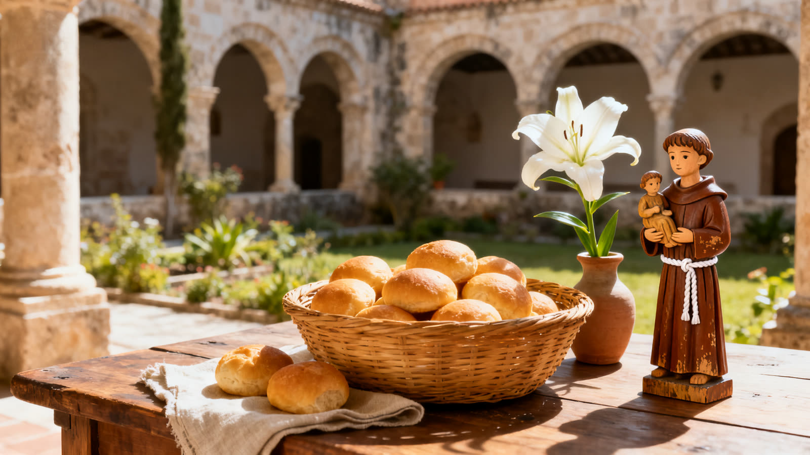 Canasta de panecitos sobre una mesa de madera en un claustro, junto a un lirio blanco y una imagen de madera de San Antonio con el Niño Jesús