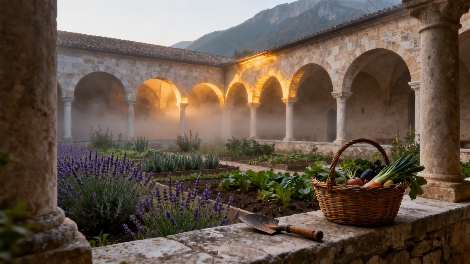 El claustro de piedra de un monasterio al amanecer, con un huerto de lavanda y una cesta de verduras sobre el muro