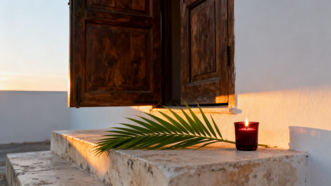 Una hoja de palma y una vela roja encendida sobre un escalón de piedra al amanecer, junto a las contraventanas de madera abiertas de una casa blanca