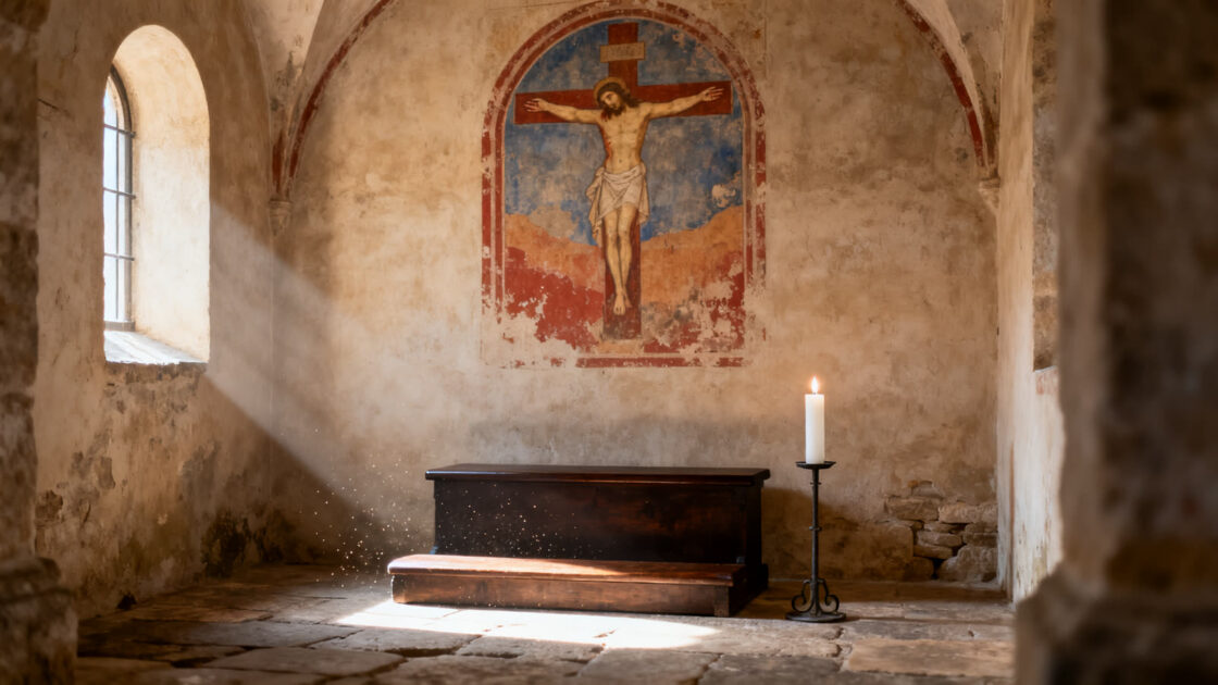 Capilla antigua de piedra con un crucifijo pintado al fresco, un reclinatorio de madera y una vela encendida