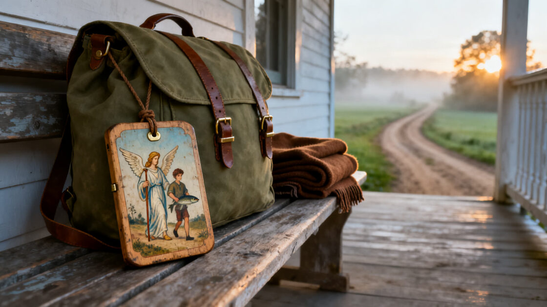 Bolsa de viaje sobre un banco de madera al amanecer, con una tablilla pintada de San Rafael y Tobías atada a la correa