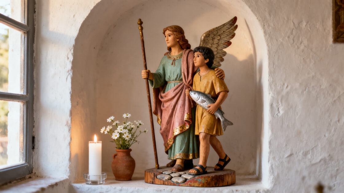 Imagen de madera de San Rafael Arcángel caminando con el joven Tobías, que lleva un pez, junto a una vela encendida en un rincón de oración