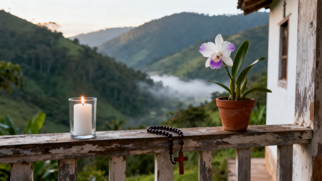 Una vela encendida, una orquídea y un rosario de madera en la baranda de una casa de misión, con montañas verdes y niebla al amanecer