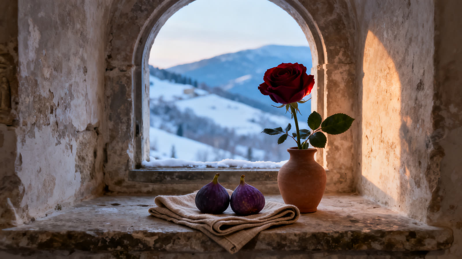 Una rosa roja en un jarrito de barro y dos higos sobre la ventana de piedra de un monasterio, con colinas nevadas al fondo