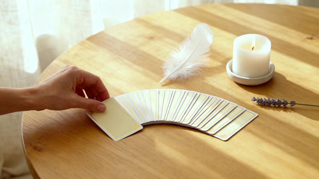 Mesa de madeira com cartas viradas para baixo em leque, uma vela acesa e uma pena branca sob a luz da manhã