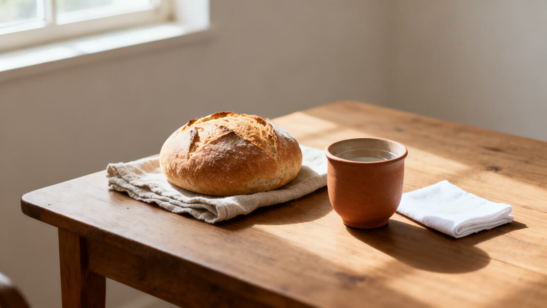 Una hogaza de pan sobre un lienzo, una taza de barro con agua y una servilleta blanca sobre una mesa de madera, con luz suave de ventana