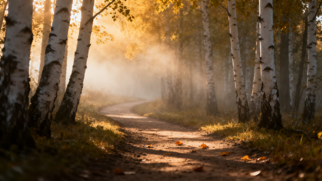 Un sendero de tierra entre abedules a la luz suave del amanecer, con un poco de neblina entre los troncos