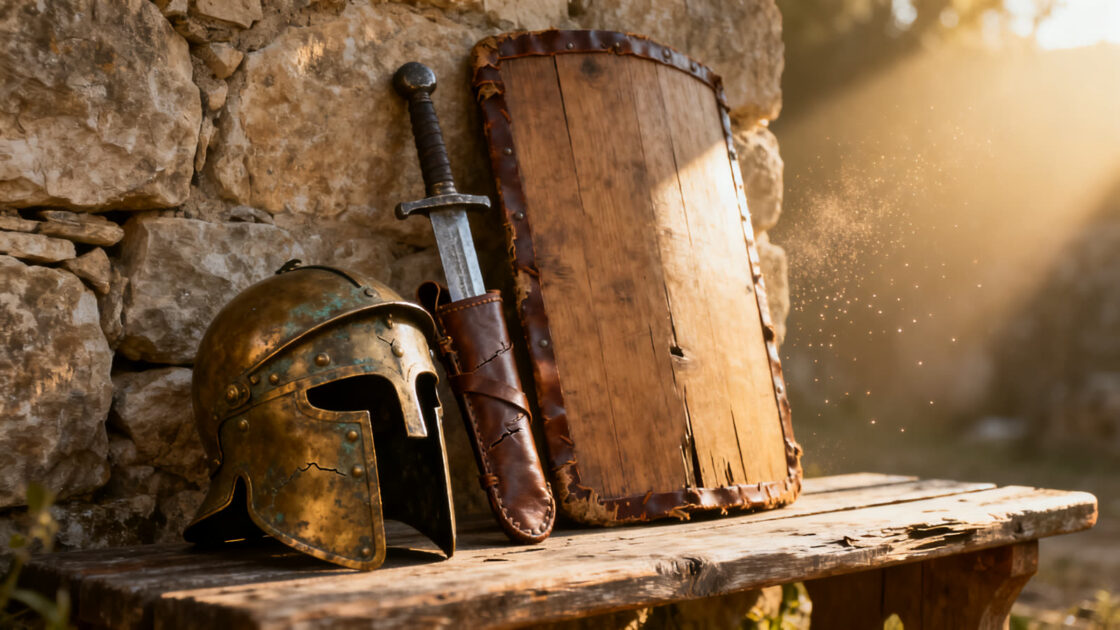 Un casco de bronce, una espada corta con su funda de cuero y un escudo rectangular de madera apoyados en un muro de piedra, a la luz suave de la mañana