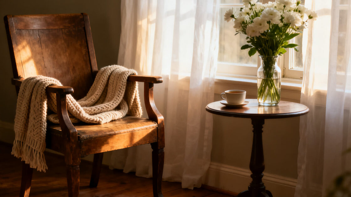 Una silla de madera vacía junto a una ventana, con un chal doblado y unas flores blancas, en la luz suave de la tarde