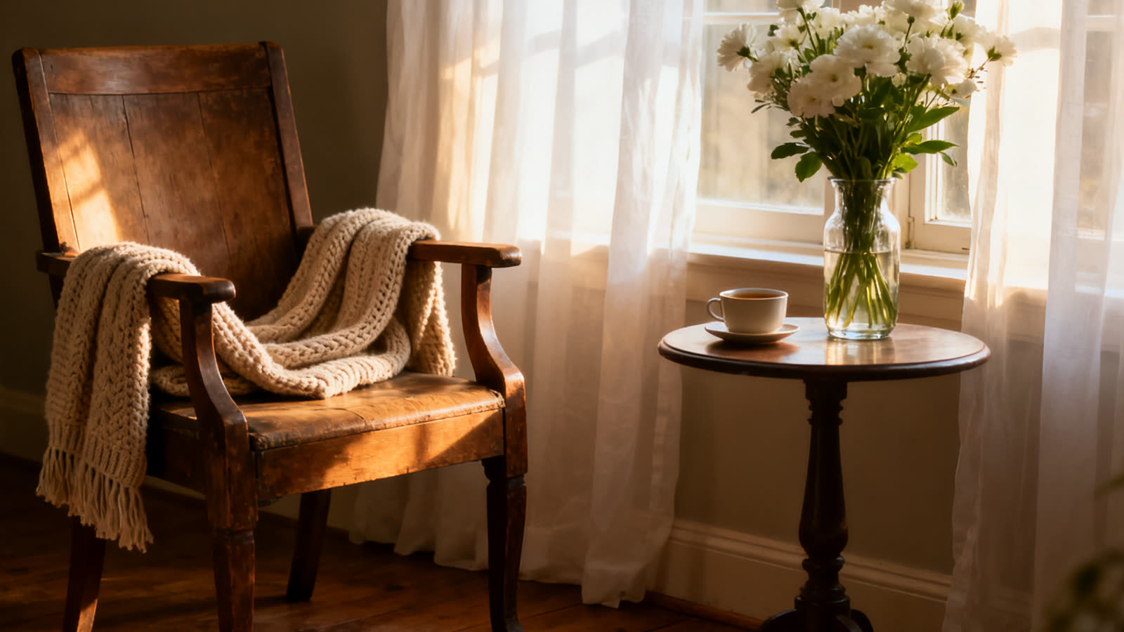 Una silla de madera vacía junto a una ventana, con un chal doblado y unas flores blancas, en la luz suave de la tarde