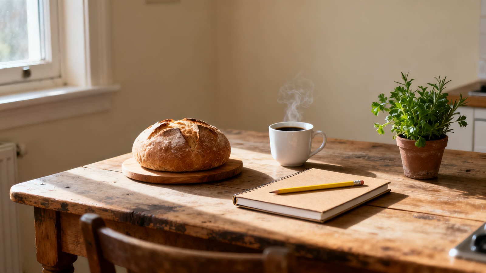 Una mesa de cocina de madera con pan, una taza de café, un cuaderno cerrado y un lápiz, a la luz de la mañana