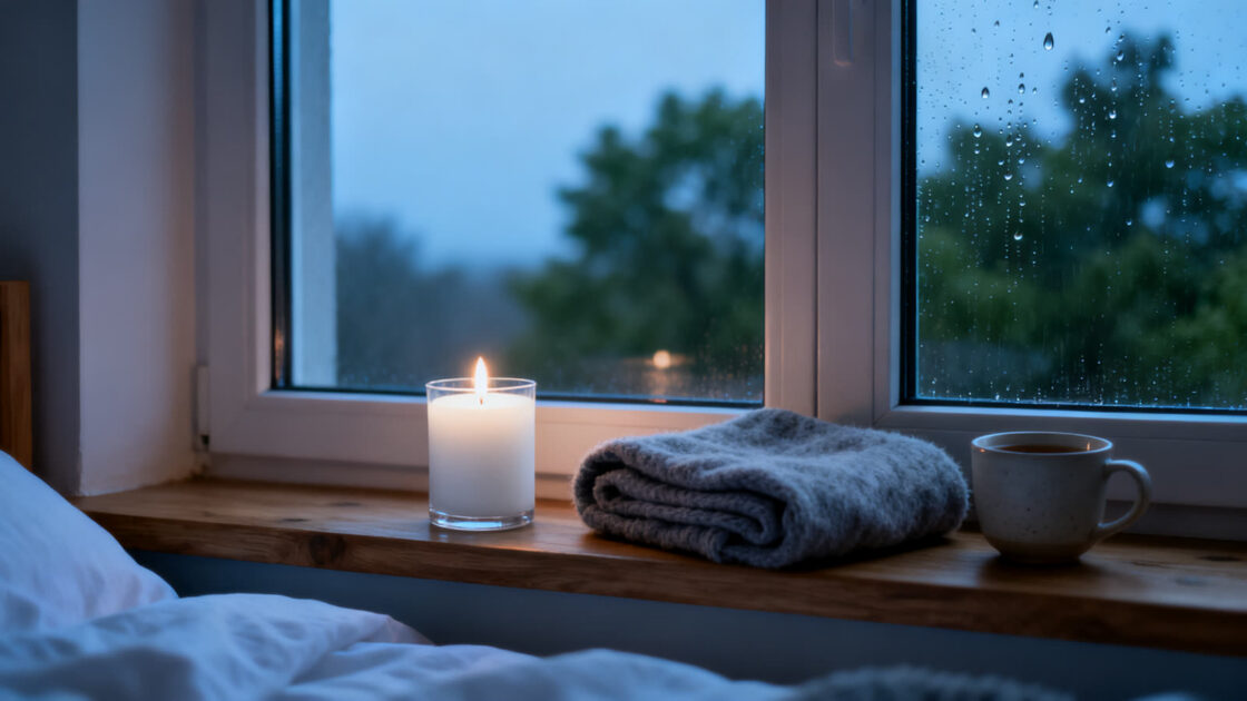 Una vela encendida, una manta de lana y una taza de té en el alféizar de una ventana con gotas de lluvia, a la luz del amanecer