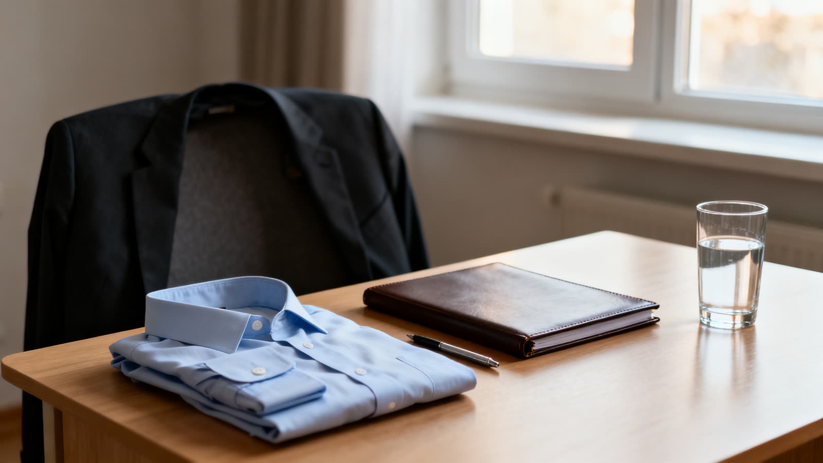 Una camisa doblada, una carpeta de cuero cerrada, un bolígrafo y un vaso de agua sobre una mesa de madera, a la luz de la mañana