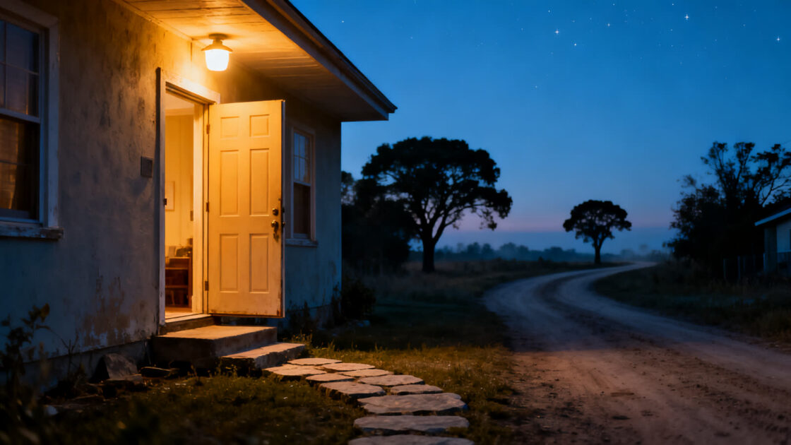La puerta entreabierta de una casa con la luz del porche encendida al anochecer y un camino de tierra que se pierde a lo lejos