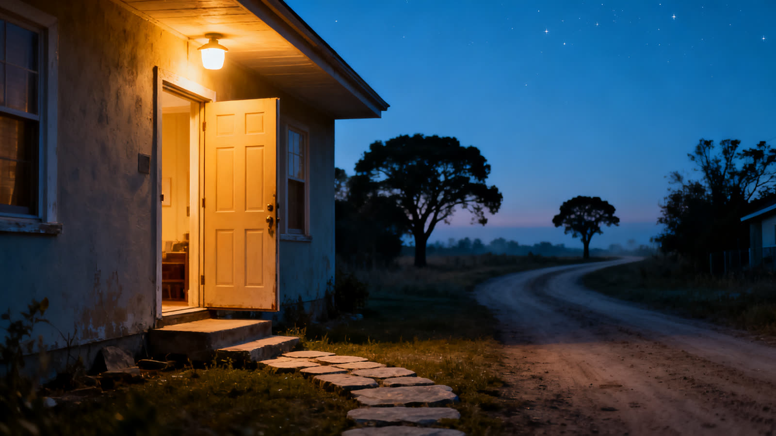 La puerta entreabierta de una casa con la luz del porche encendida al anochecer y un camino de tierra que se pierde a lo lejos