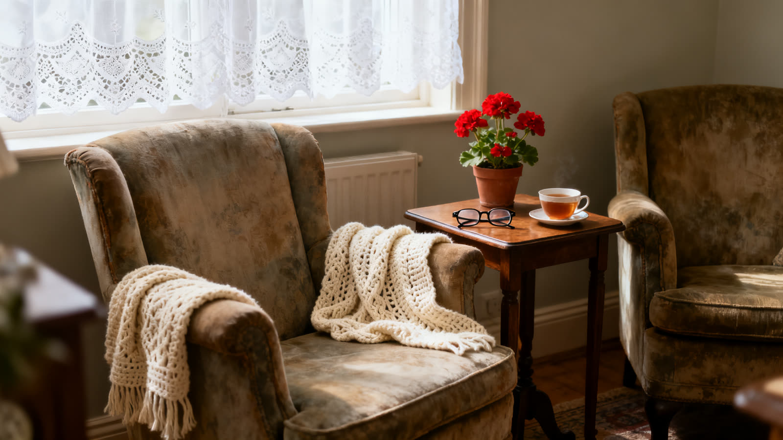 Un sillón con un chal tejido, unos anteojos, una taza de té y un geranio junto a una ventana con cortina de encaje, a la luz de la tarde
