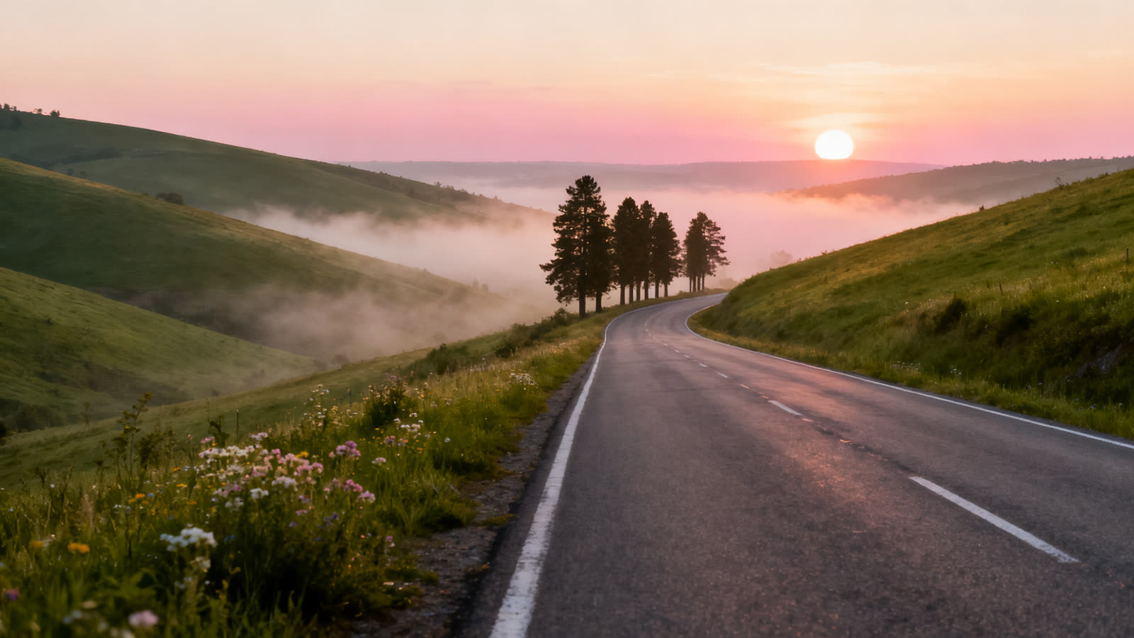Una carretera rural entre colinas al amanecer, con neblina suave y el sol saliendo al fondo