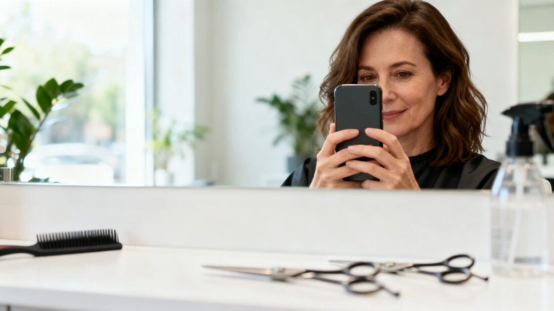 Mulher de perfil num salão claro segurando o celular na frente do rosto, com tesoura e pente sobre a bancada