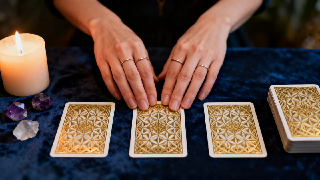 Mãos sobre um tecido de veludo azul-escuro com três cartas viradas para baixo, uma vela acesa e cristais ao lado