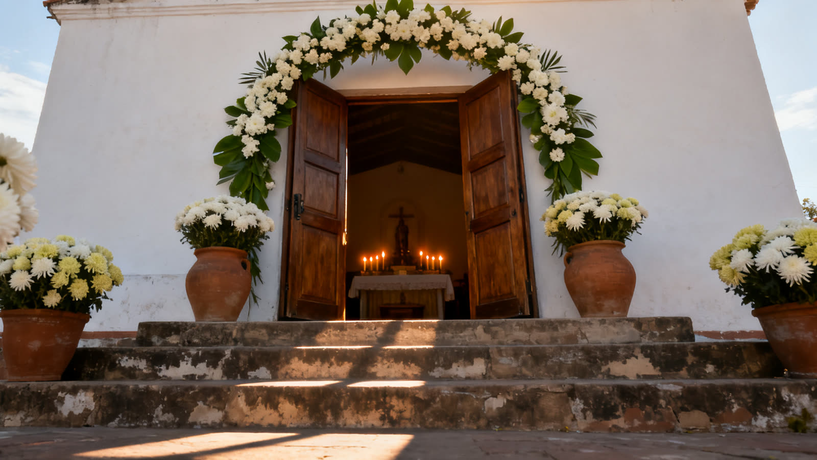 Puertas abiertas de una iglesia colonial blanca adornada con flores blancas la mañana del 1 de noviembre