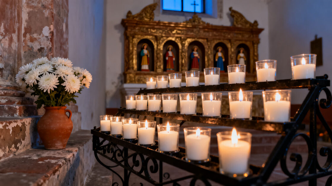 Velas encendidas ante un retablo dorado con pequeñas imágenes de santos, en una capilla al anochecer